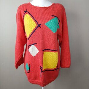 VINTAGE CHAUS SWEATER RED WITH GEOMETRIC DESIGN WOMENS MEDIUM